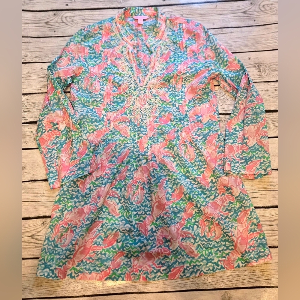 Lily Pulitzer Sarasota Beaded Tunic Blouse in Lobstah Roll Size XS - Picture 3 of 7